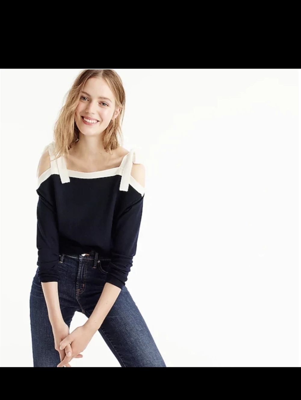 Cold-Shoulder Contrast Trim Sweater - Navy and White
